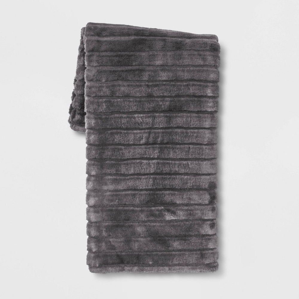 Threshold Textured Faux Fur Reversible Throw Blanket Gray